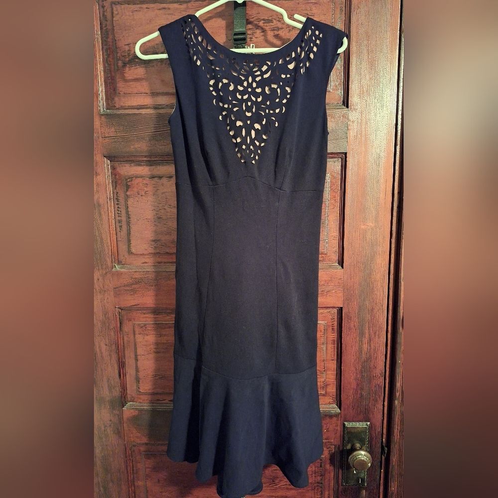 Cache Laser Cut Sheath Dress Womens‎ 6 Black Tan Sleeveless Party Formal